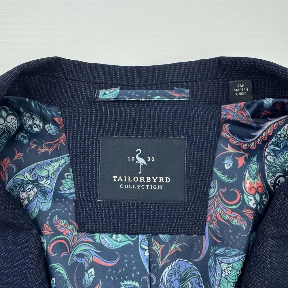 Tailorbyrd Collection Mens 46R Navy Blue Stretch Blazer Paisley Lining NWOT